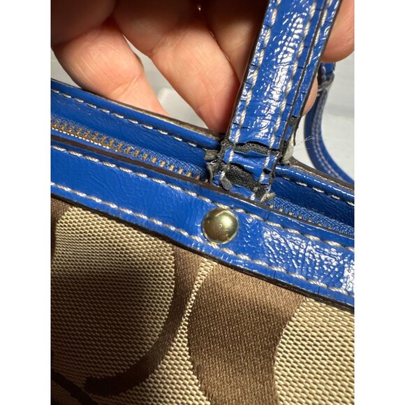 Coach Purse Khaki Signature Blue Stripe Top Zip Tote Shoulder Bag F19046 - Picture 14 of 16